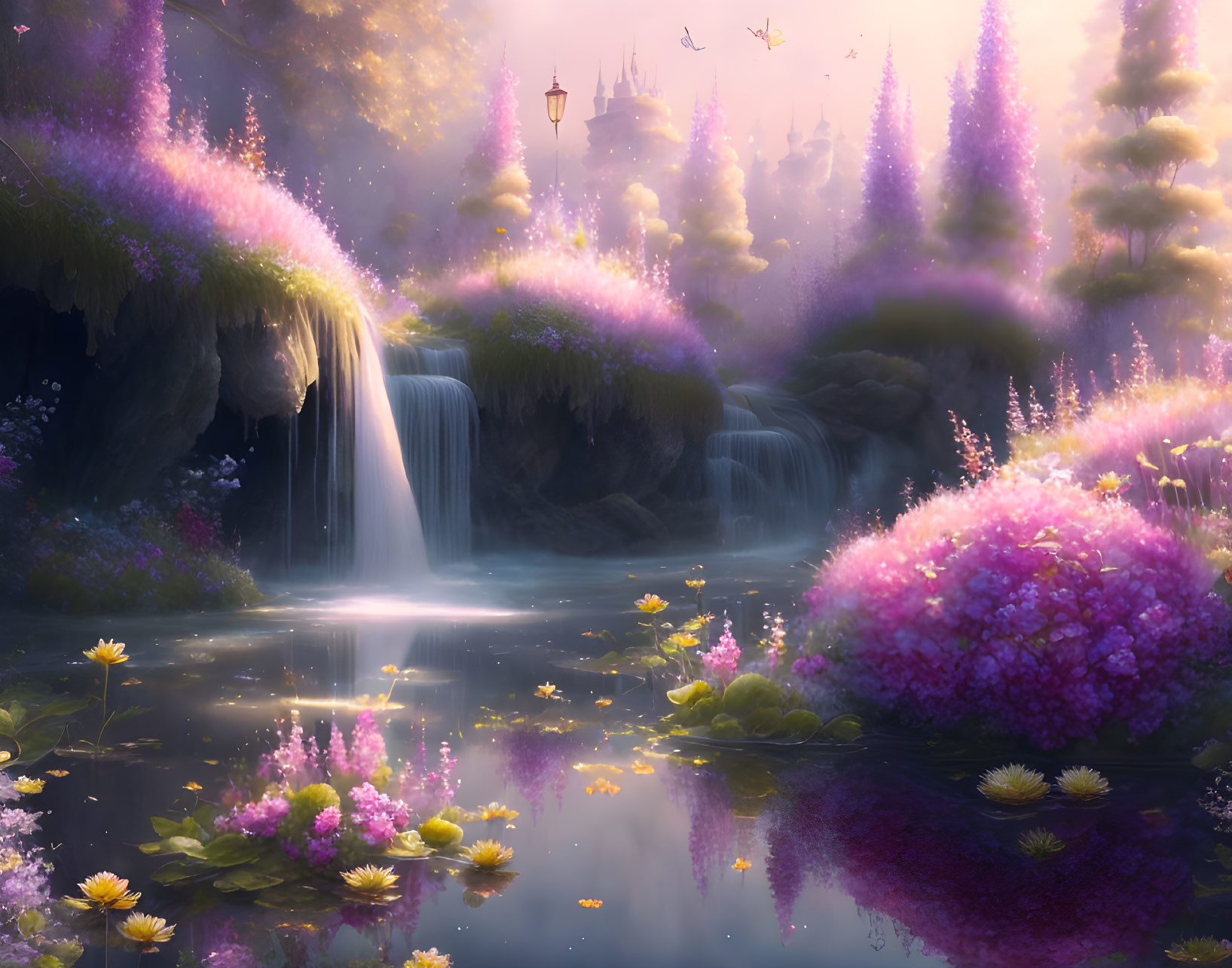 Fantasy landscape with pink foliage, waterfalls, lantern, and tranquil pond