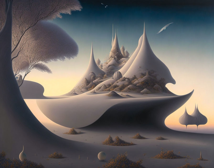 Snow-covered peaks and dune-like formations in surreal landscape.