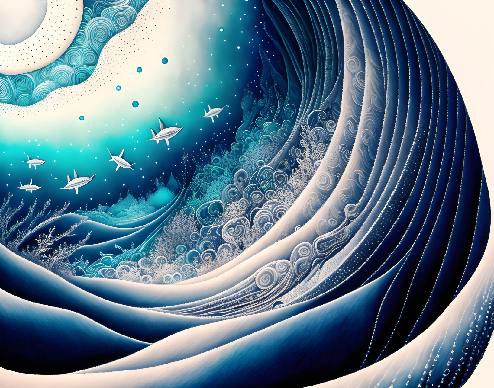 Surreal digital artwork: stylized ocean wave merging with starry sky and paper airplanes