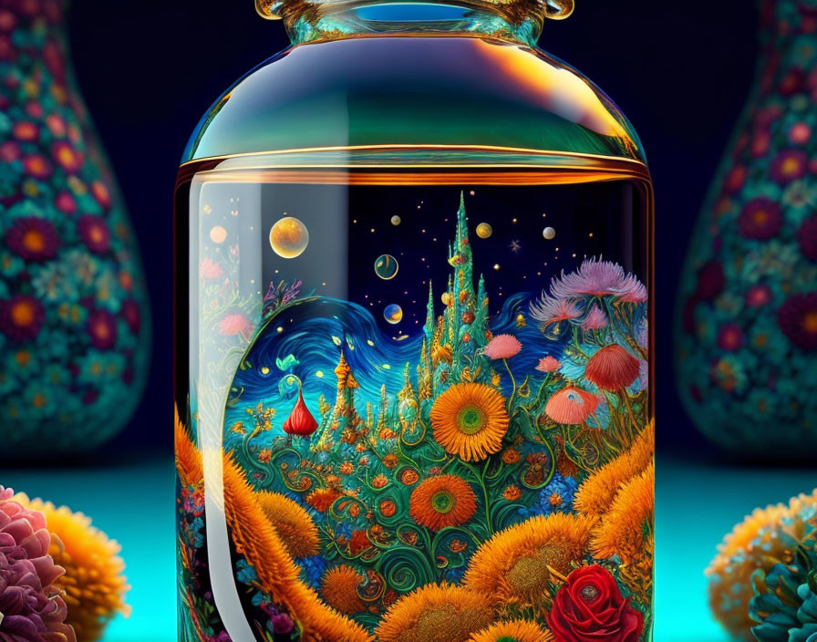 Colorful Cosmic Terrarium with Planets and Stars on Dark Background