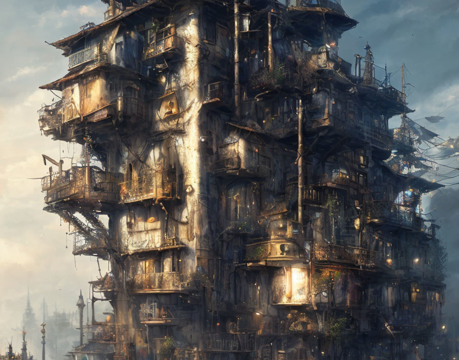 Dilapidated towering structure with makeshift levels in industrial setting