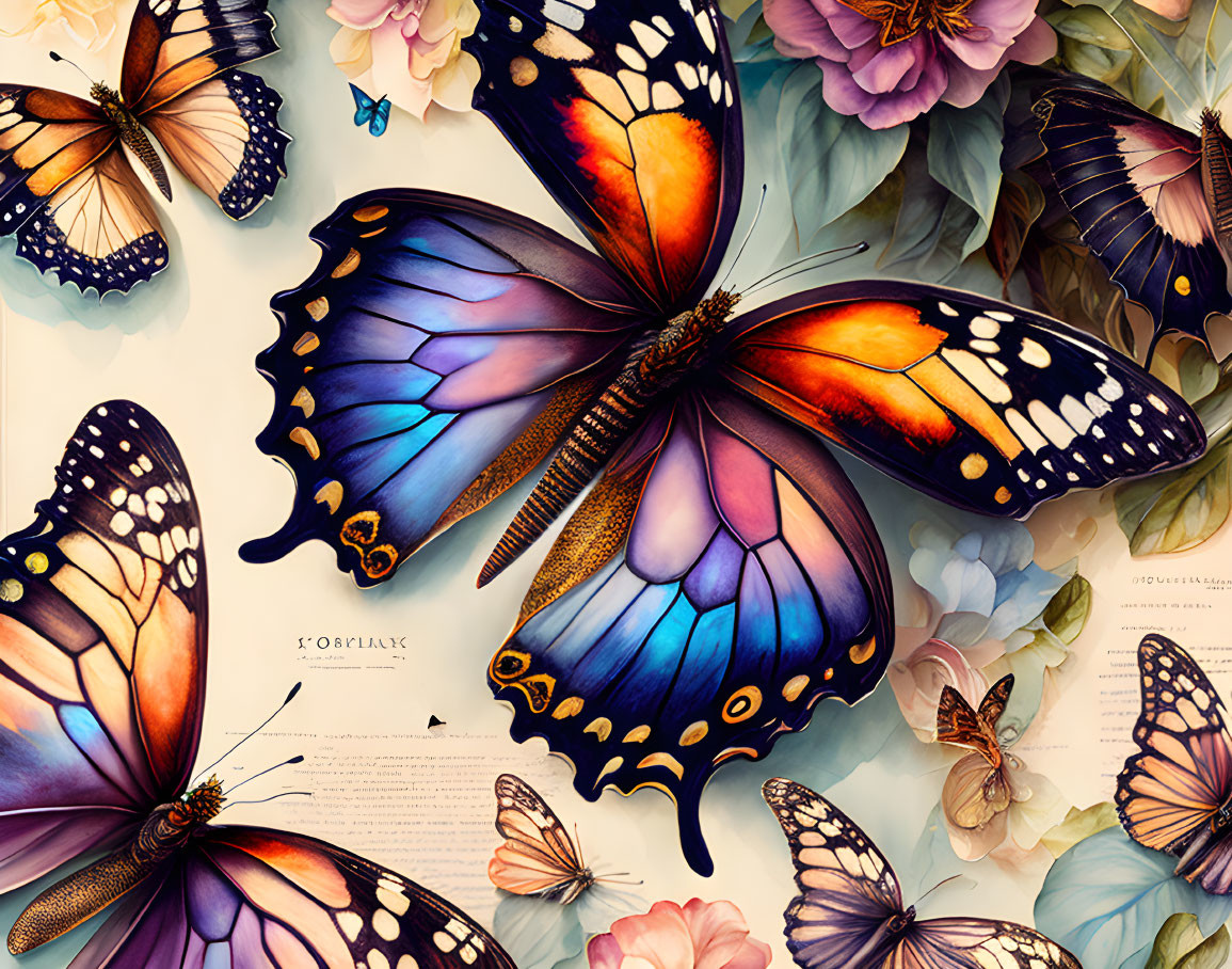 Colorful Butterfly Collection Among Soft-Toned Flowers