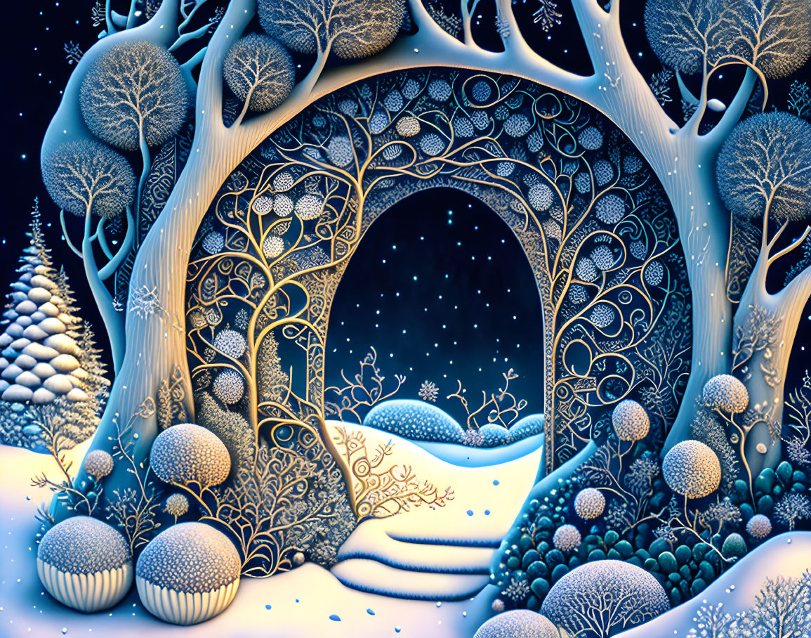 Decorative winter scene with snow, tree archway, and starry sky