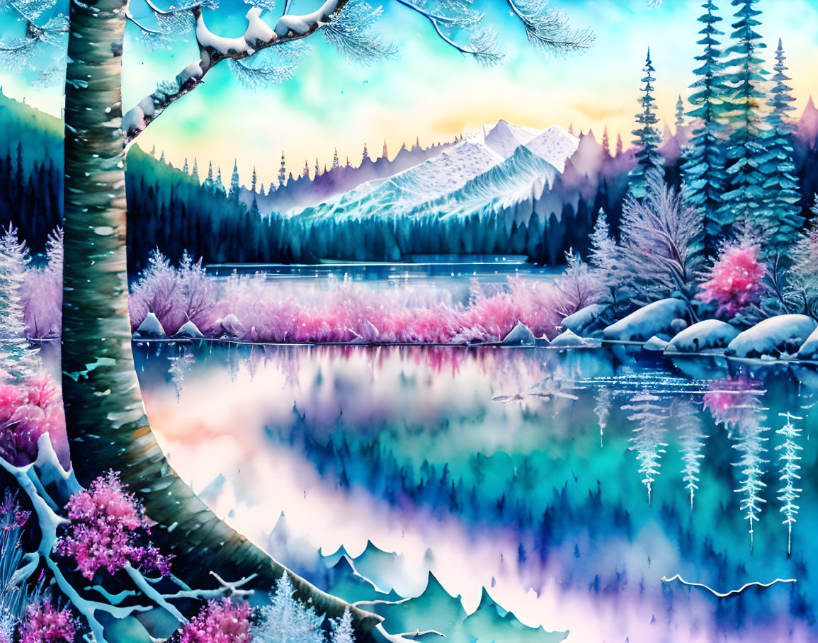 Snowy winter scene with pink and blue hues, frozen lake, and sunrise mountain range.