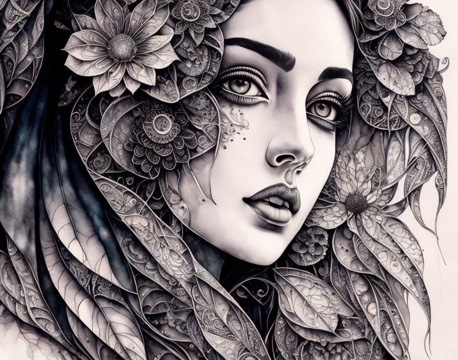 Detailed monochrome woman portrait with floral hair patterns.