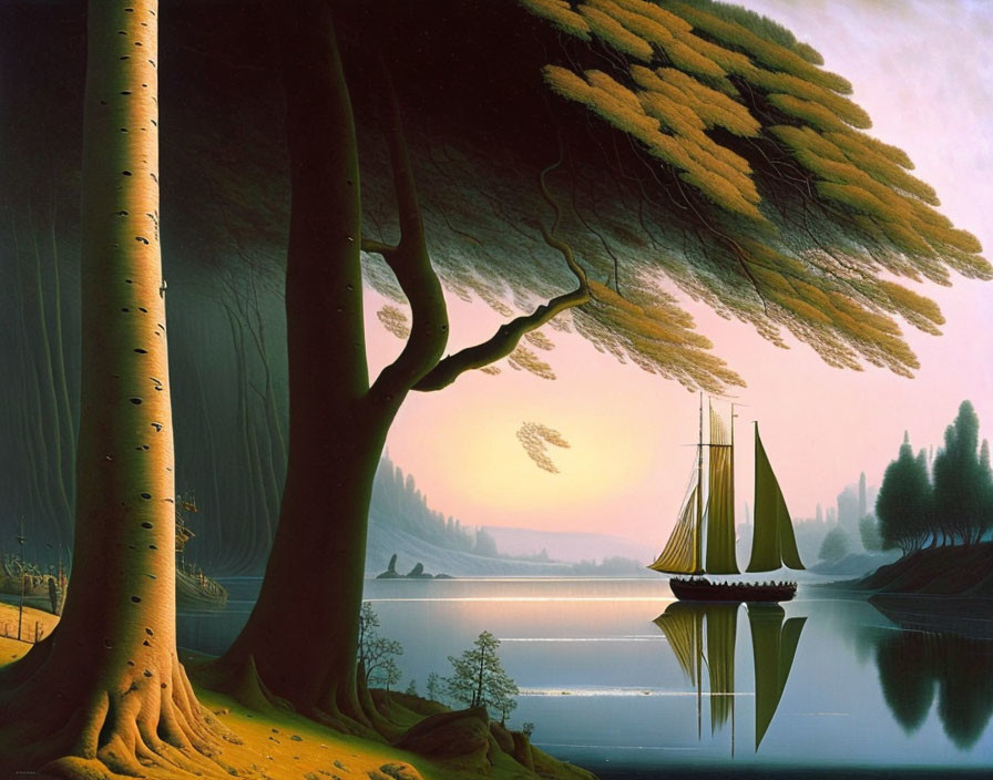 Tranquil sailboat on still lake with unique cylindrical trees at twilight