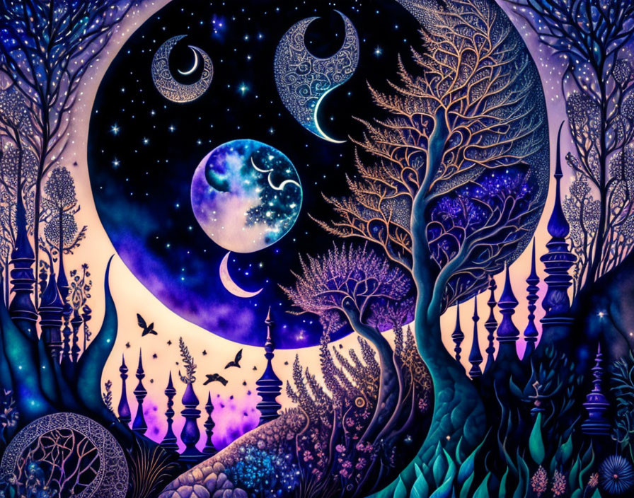 Fantasy-style artwork: Crescent moons, starry night, trees, birds in purples and