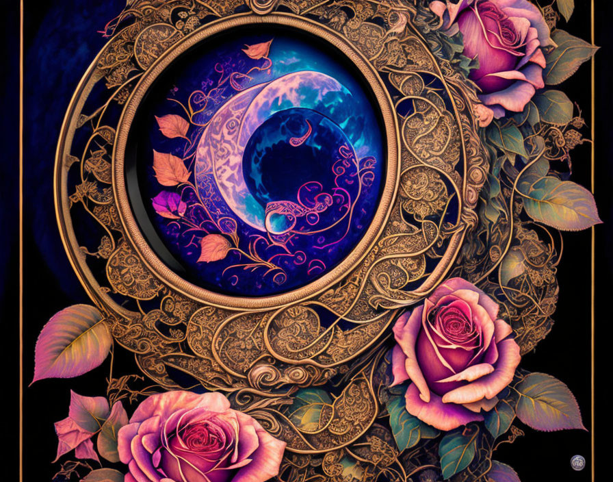 Circular Golden Frame with Crescent Moon and Stars on Purple Background