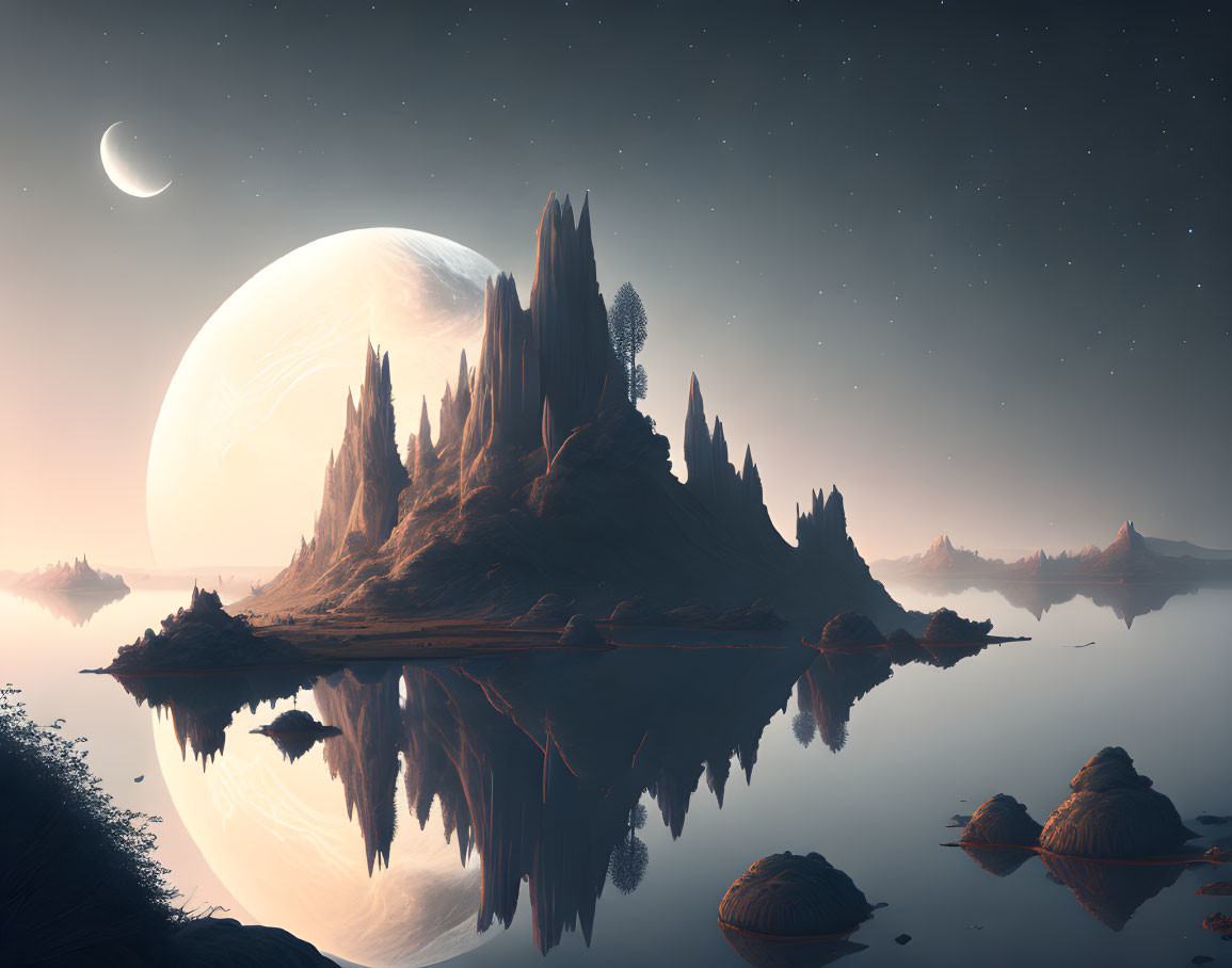 Surreal landscape with spire-like rocks, trees, moon, and stars at dusk