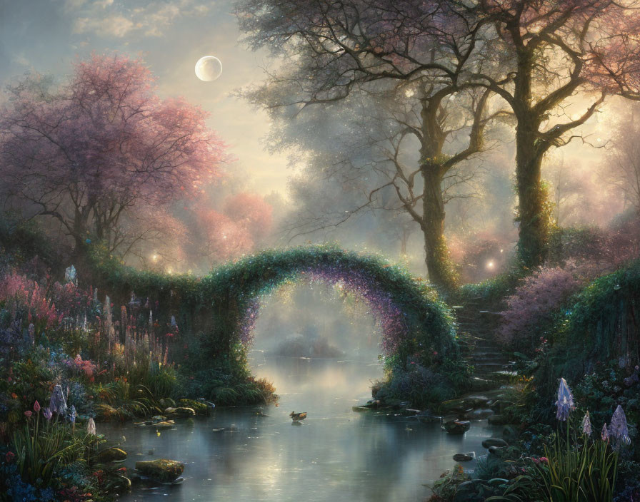 Twilight garden scene with stone bridge, blossoming trees, ducks, and crescent moon