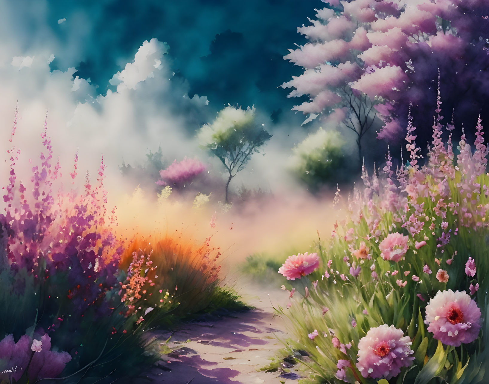 Lush Pink Blossoms in Vibrant Garden Path Painting