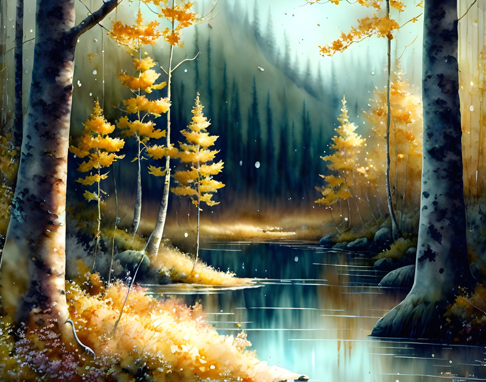 Tranquil Autumn Forest with Birch Trees and Golden Leaves