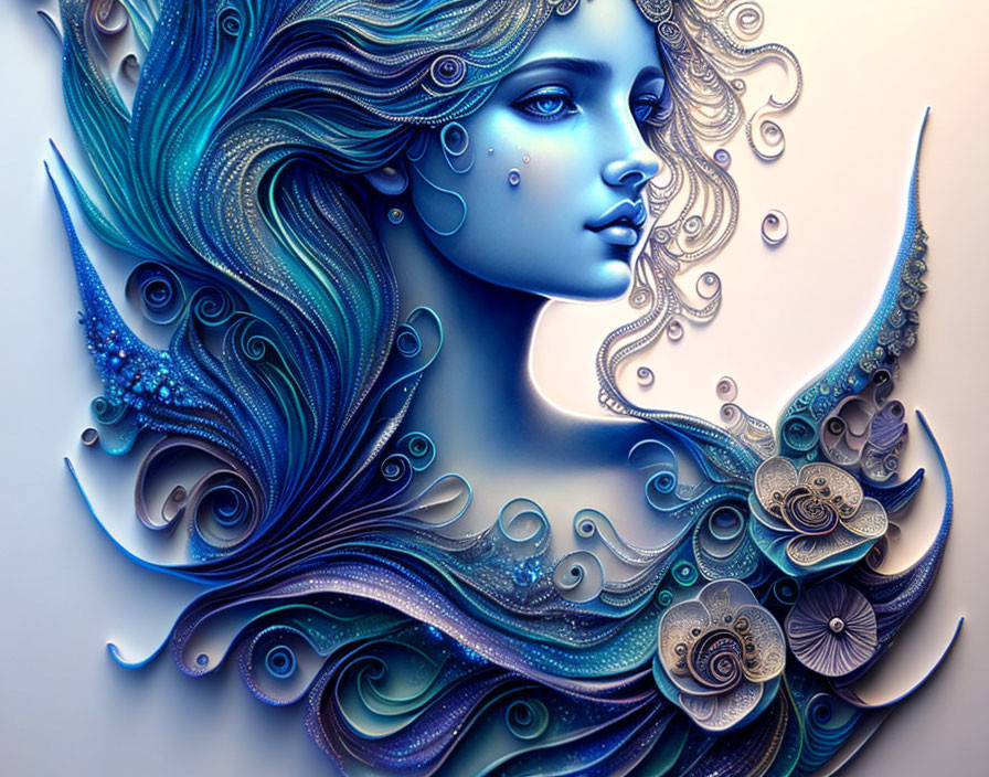 Blue-skinned woman with intricate hair in underwater-themed digital art