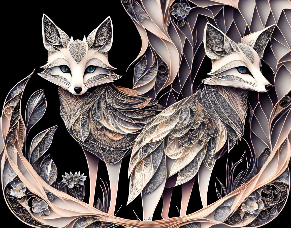 Detailed digital artwork featuring stylized foxes with intricate patterns in white, grey, and muted pink palette