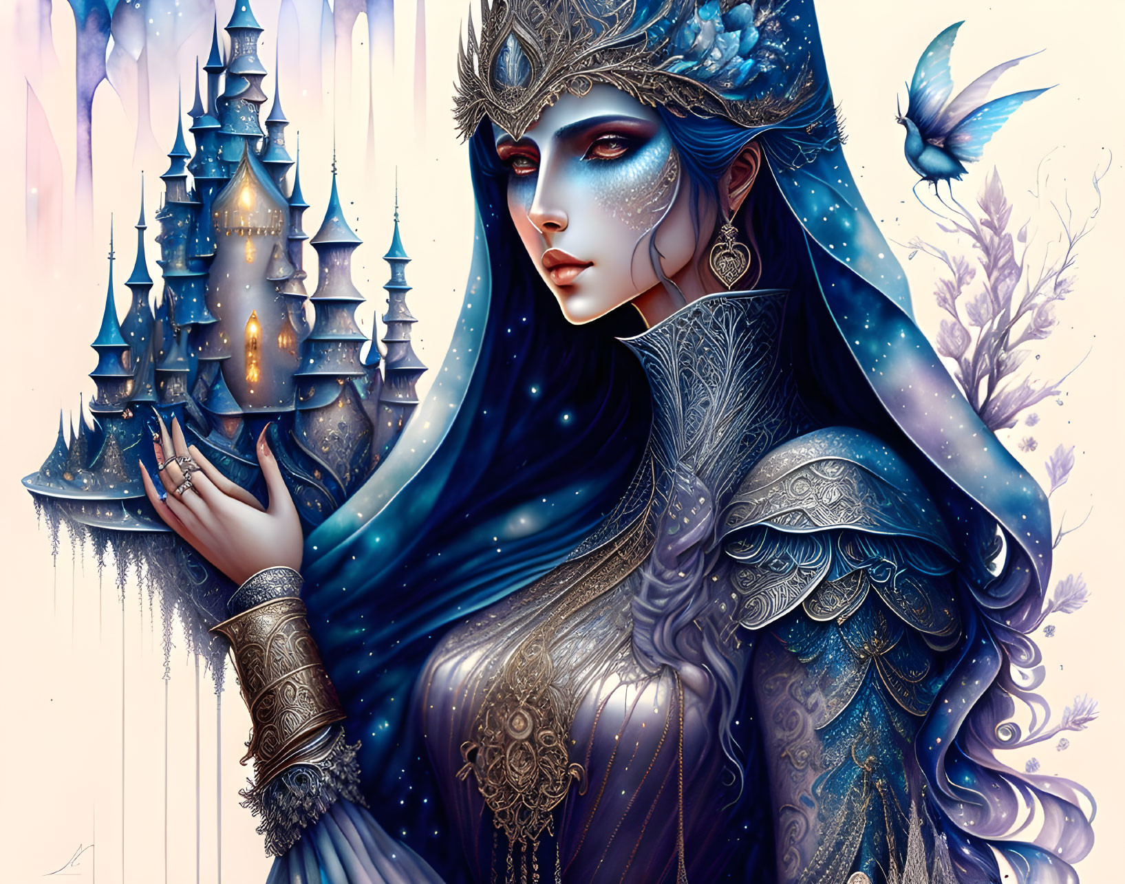 Fantasy-themed illustration of a woman with castle and butterflies