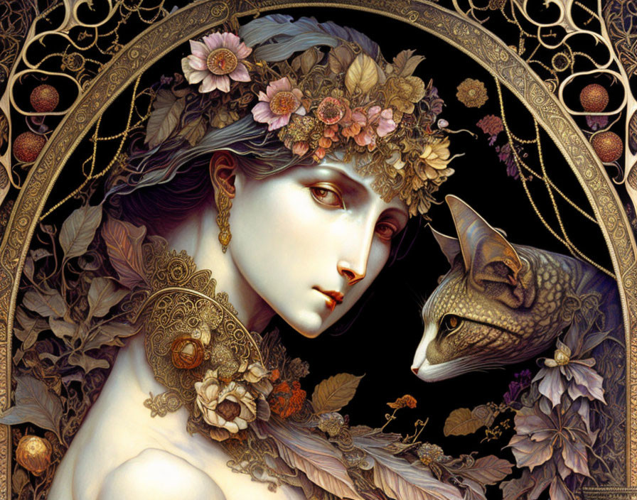 Art Nouveau Style Image of Woman with Floral Crown and Cat in Ornate Setting