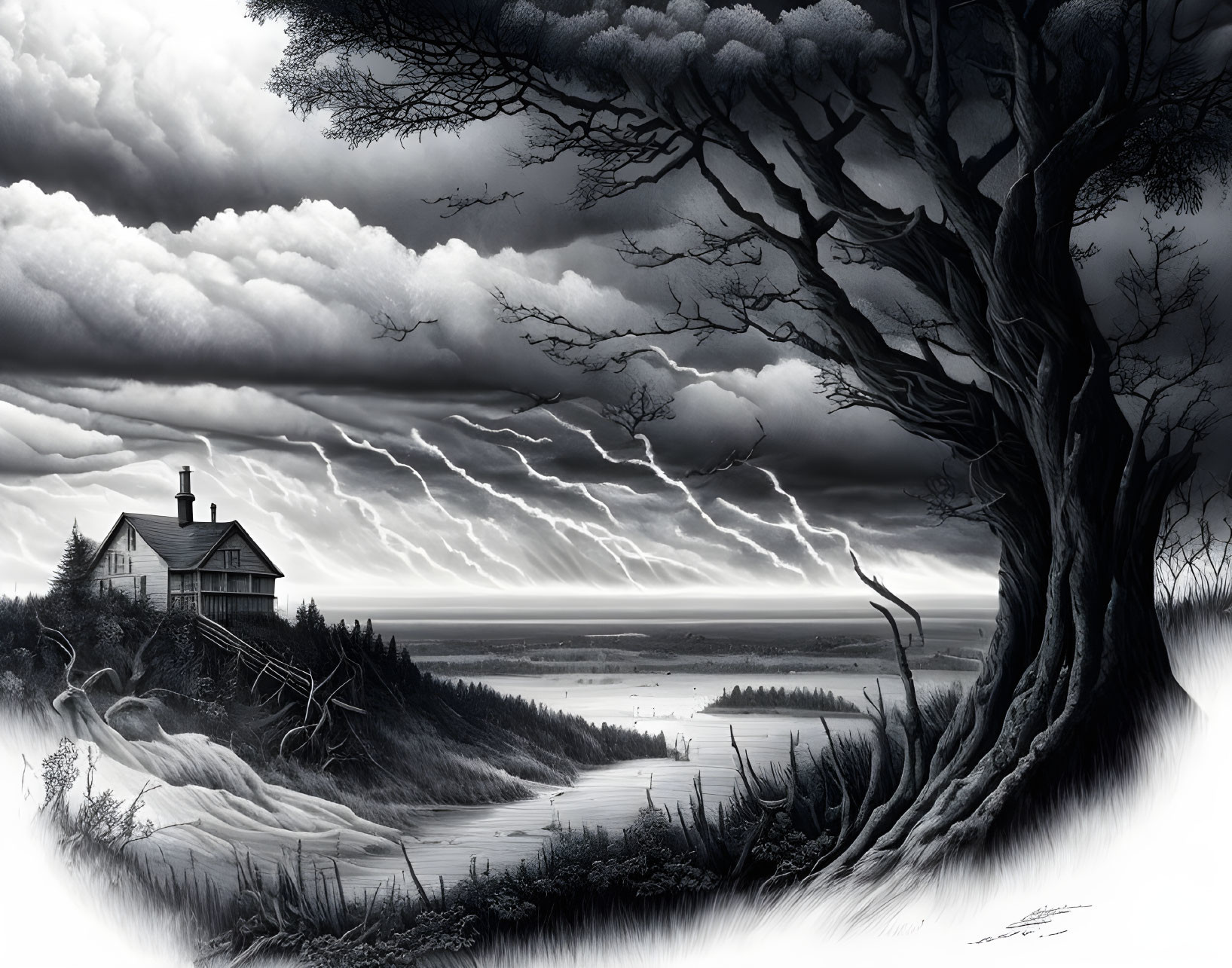 Monochromatic landscape with tree, house, stormy sky, lightning, water, boats