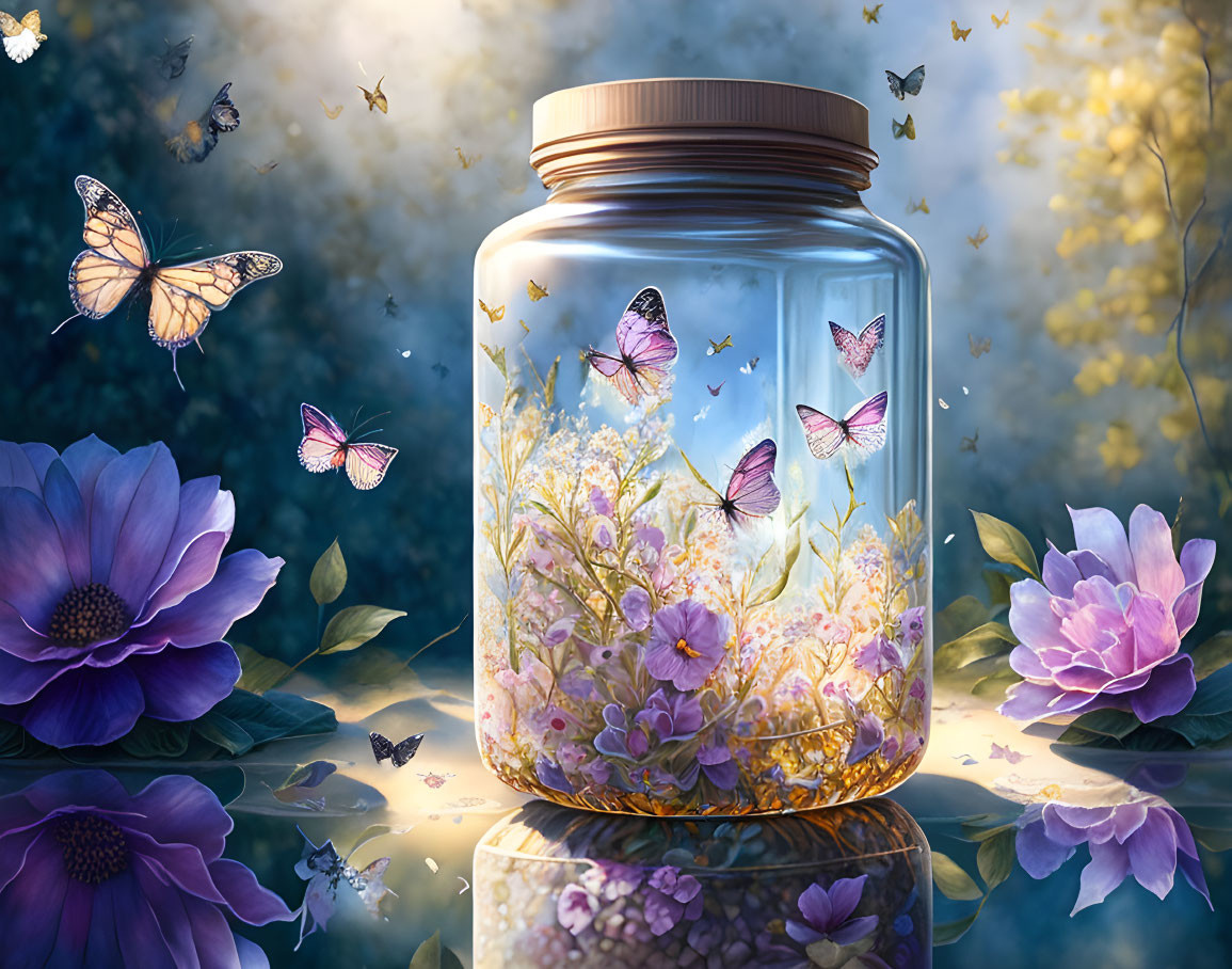 Tranquil glass jar with miniature meadow and butterflies