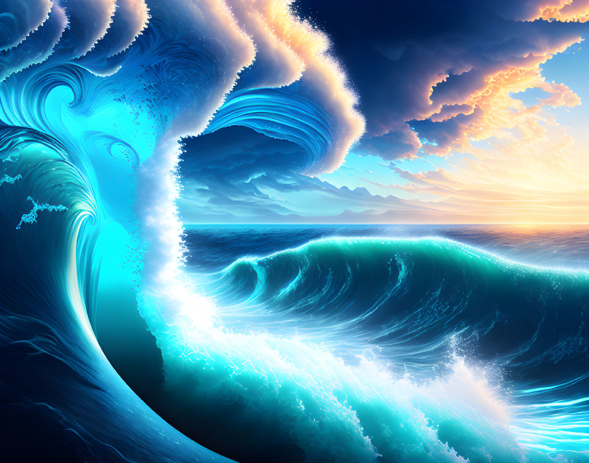 Surreal digital art: giant wave with swirling vortex and ocean surf clouds at sunset