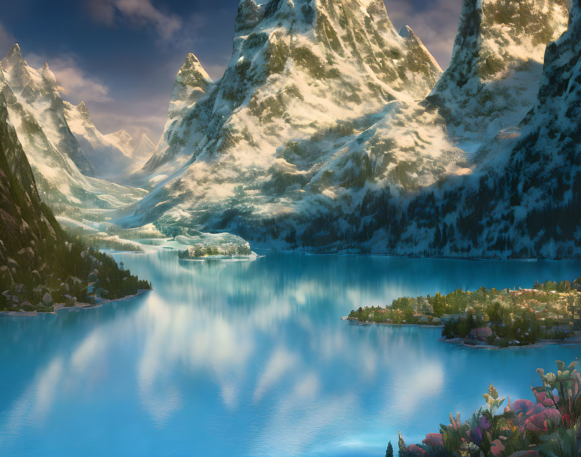 Snow-capped mountains frame serene alpine lake at sunrise