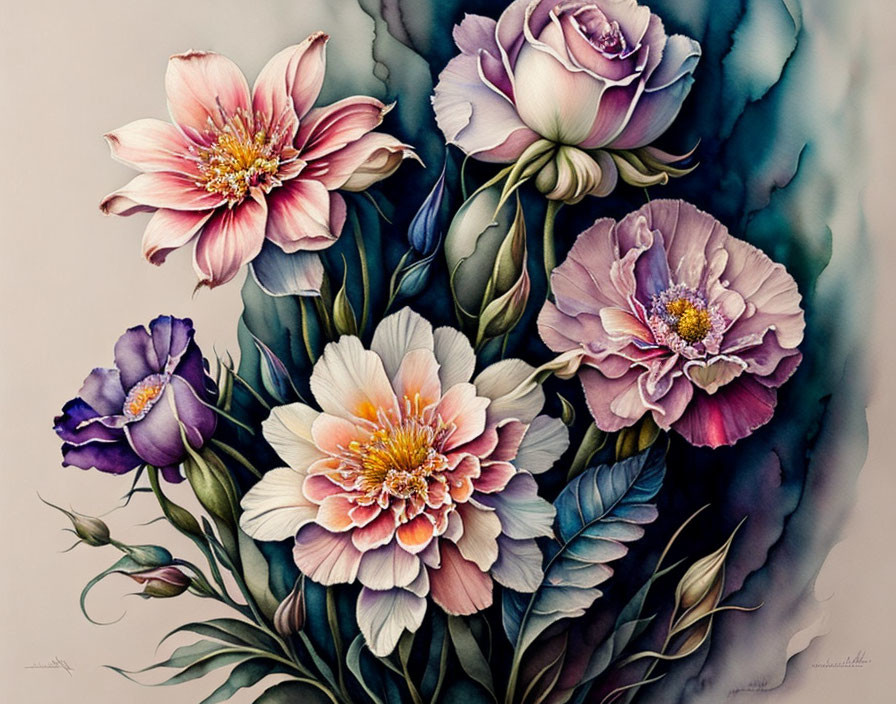 Detailed pink and purple flower bouquet painting on muted background