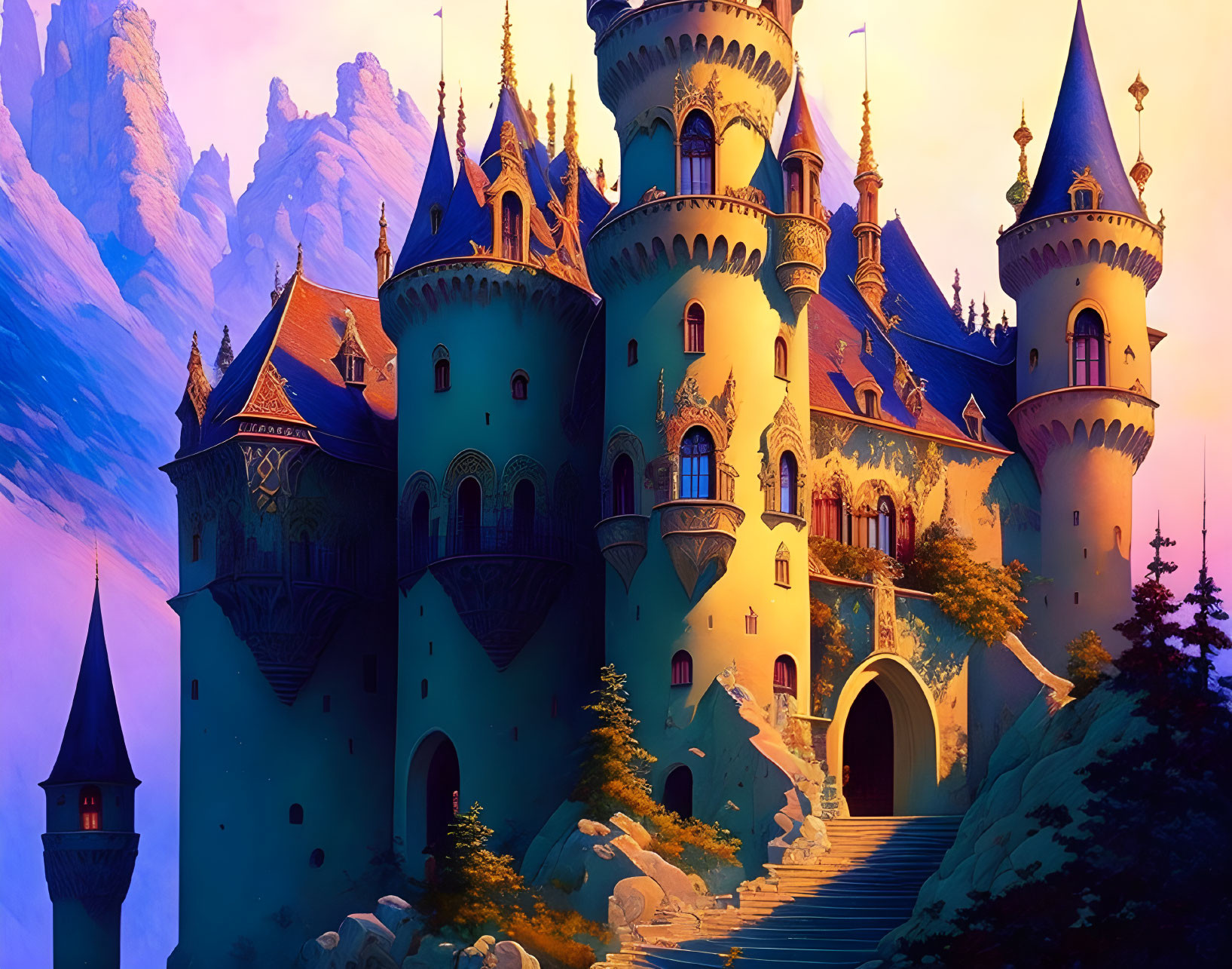 Fairytale castle digital illustration with spires and towers against twilight sky