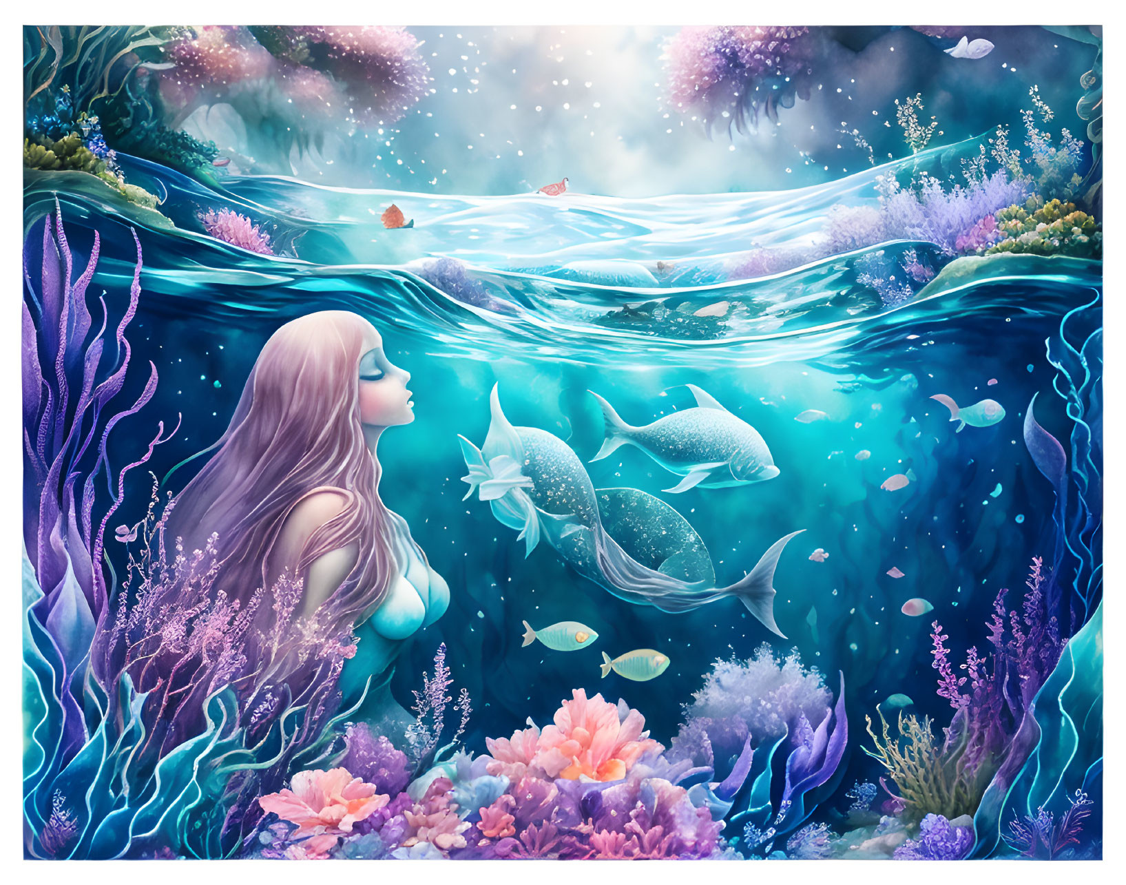 Vibrant underwater scene with mermaid and marine life in soft light