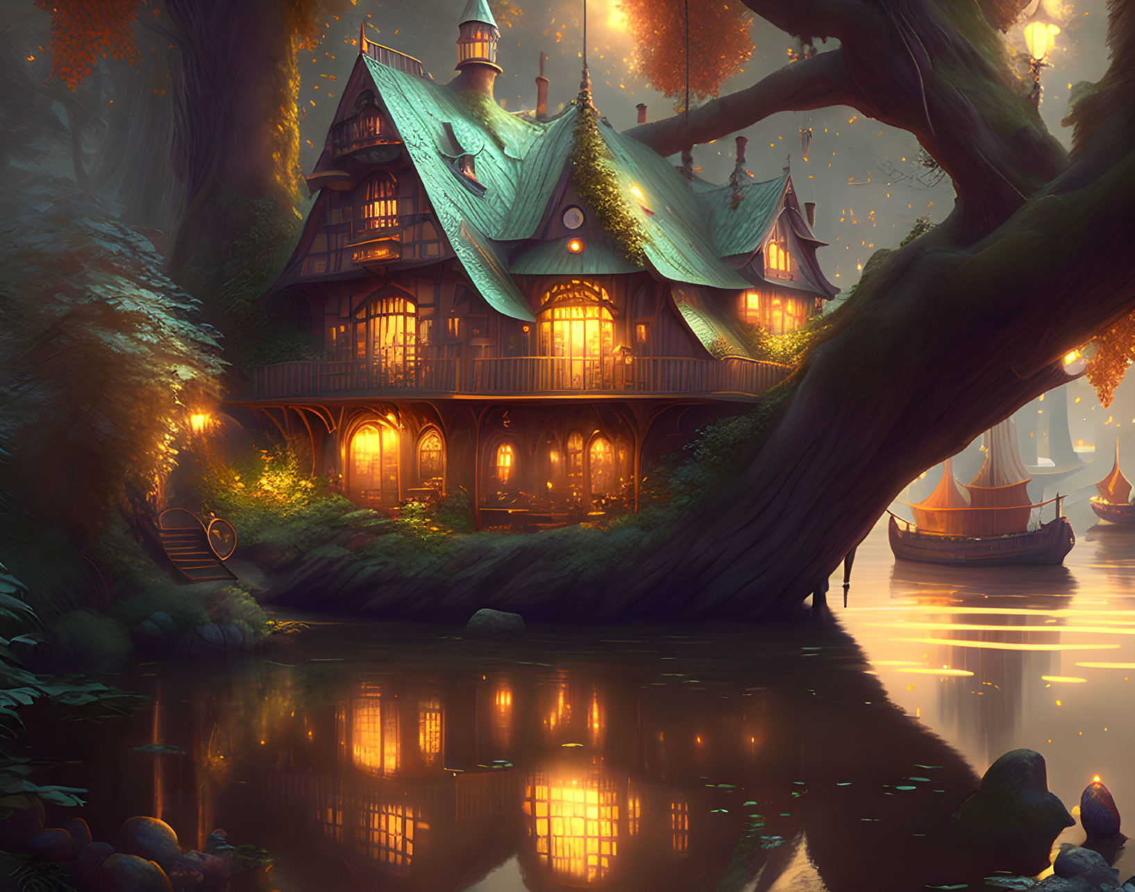 Enchanting multi-story fantasy house by calm river at twilight