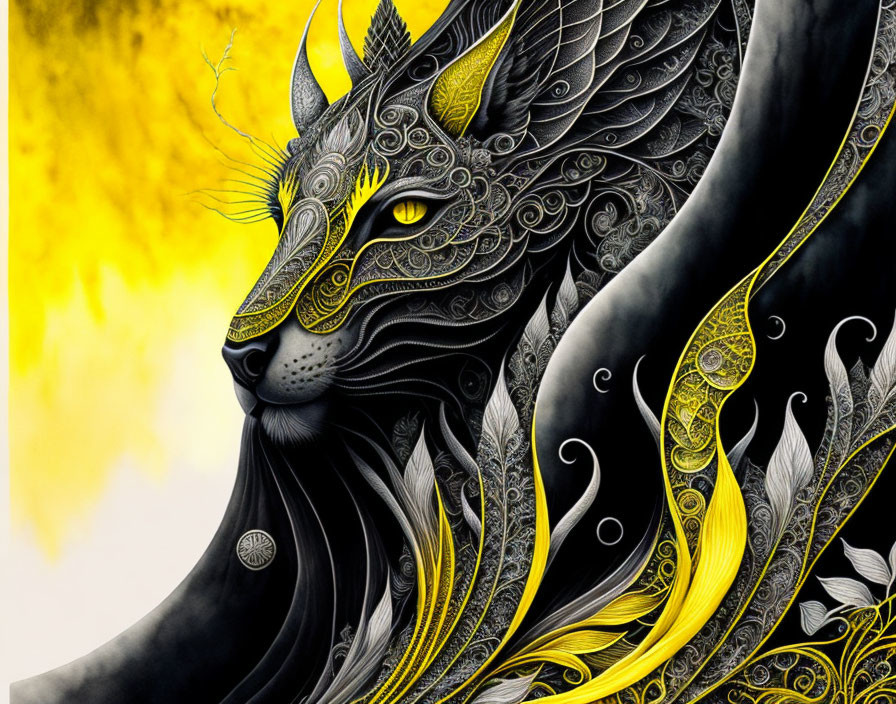 Detailed mystical black cat illustration with ornate patterns and golden accents on yellow smoky backdrop