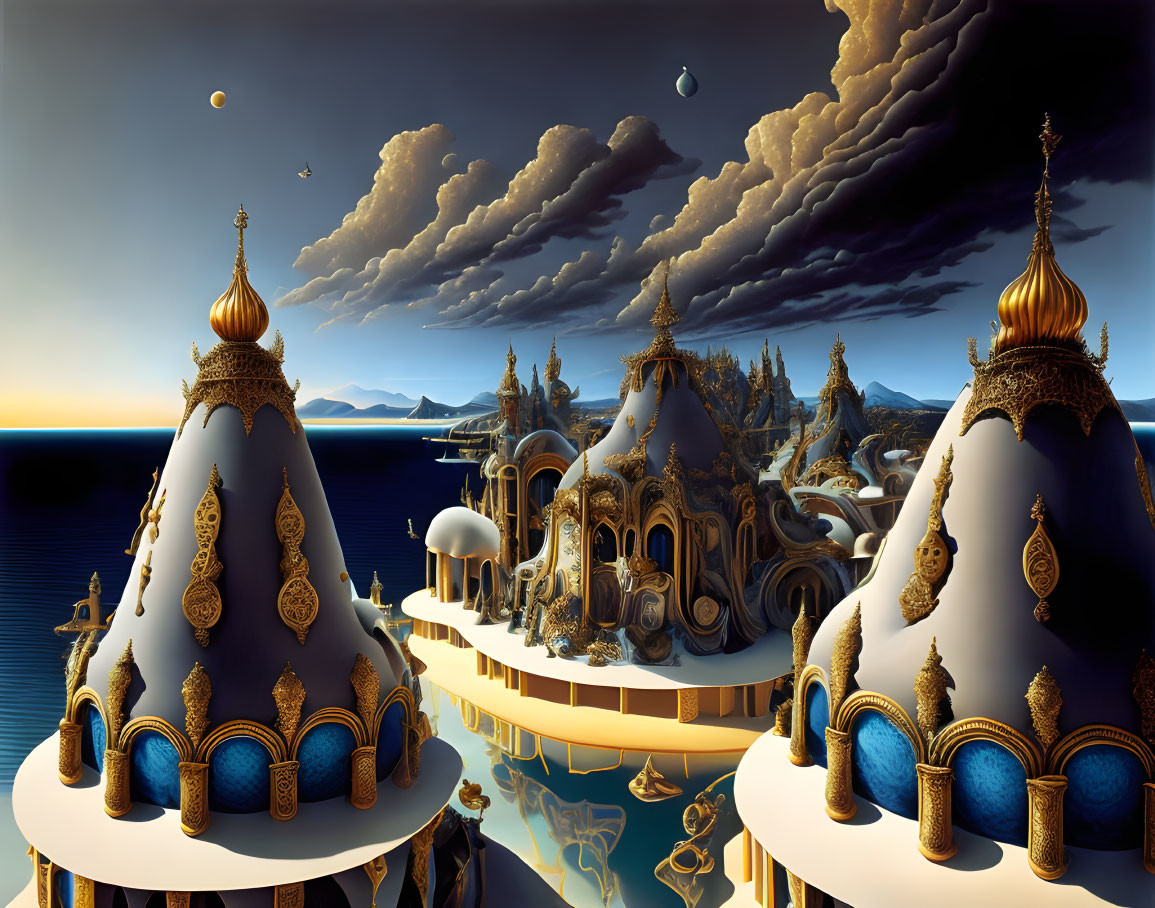 Fantastical landscape with ornate buildings, golden domes, and multiple moons