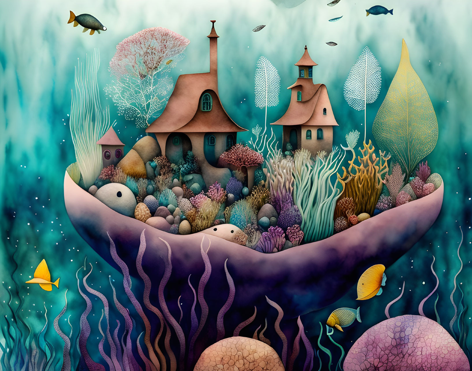 Colorful Underwater Scene with Shell Houses and Coral Reef