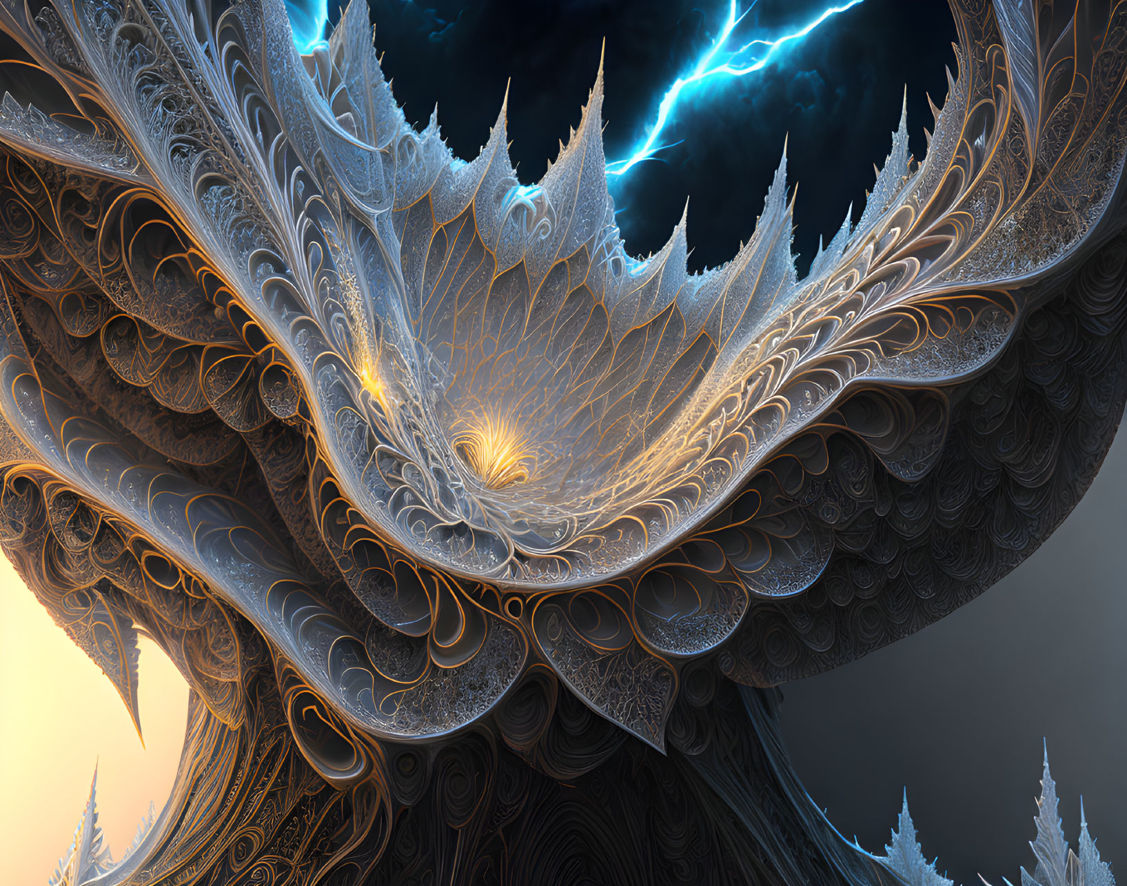 Intricate digital fractal art: swirling patterns, sharp peaks, electric blue lightnings.