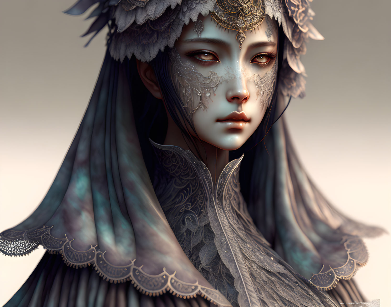 Intricate facial tattoos and ornate headpiece on person in detailed attire