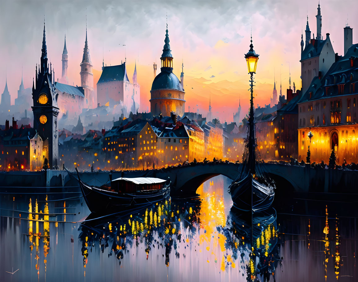 Historic cityscape at sunset: silhouette buildings, glowing lights, boats by riverbank