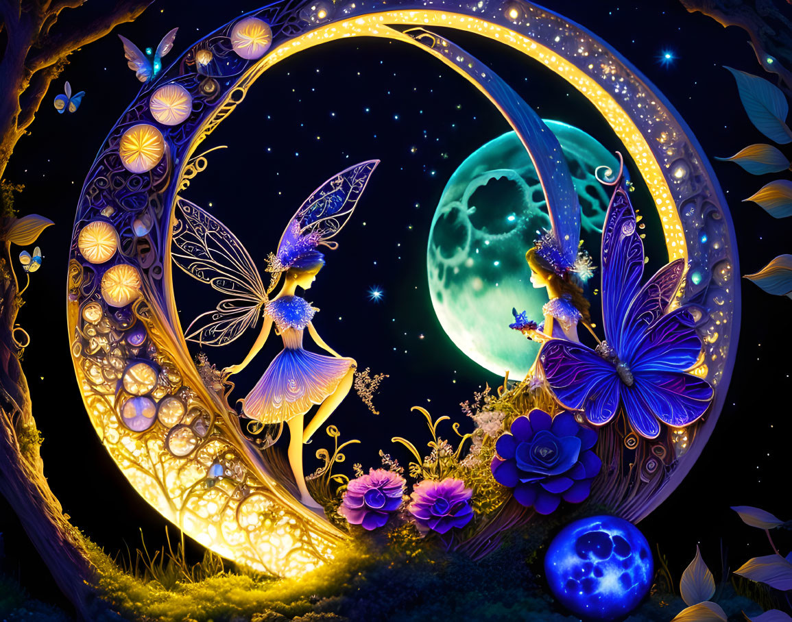 Fantasy illustration: Fairies, flowers, crescent moon, starry sky