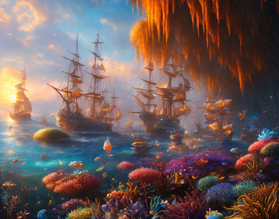 Colorful sea with sailing ships, coral reef, and golden-lit cave.