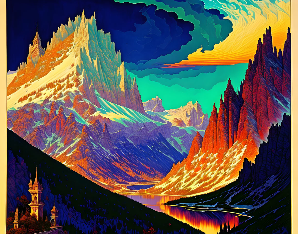 Colorful Mountains, Castle, and Reflective Lake in Swirling Sky