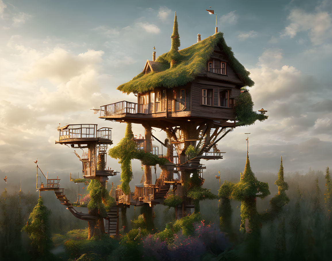 Detailed Treehouse with Thatched Roof in Forest at Sunset