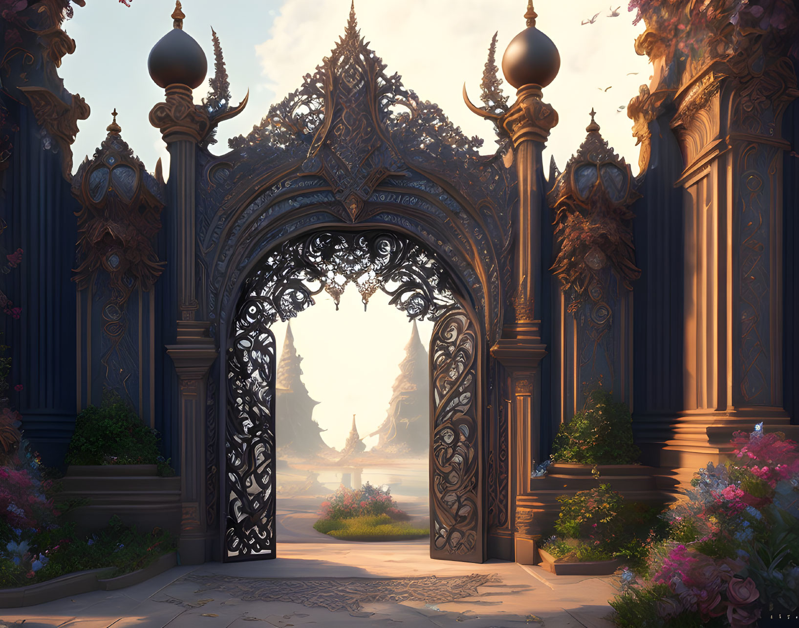 Intricate Open Gate Revealing Tranquil Garden