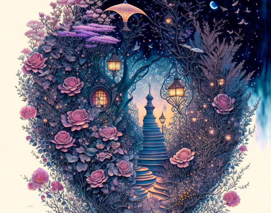 Illustration of fairy-tale tree with rose blooms, lanterns, staircase, tower under starry