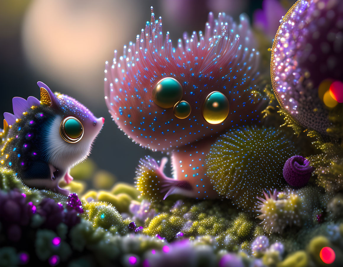 Whimsical creatures with large eyes in colorful, fantastical flora landscape