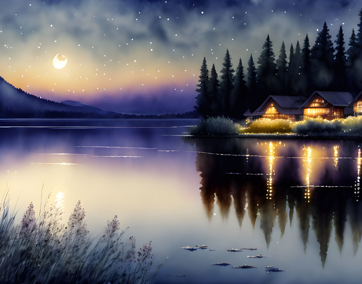 Nighttime landscape: illuminated cabins by lake under starry sky