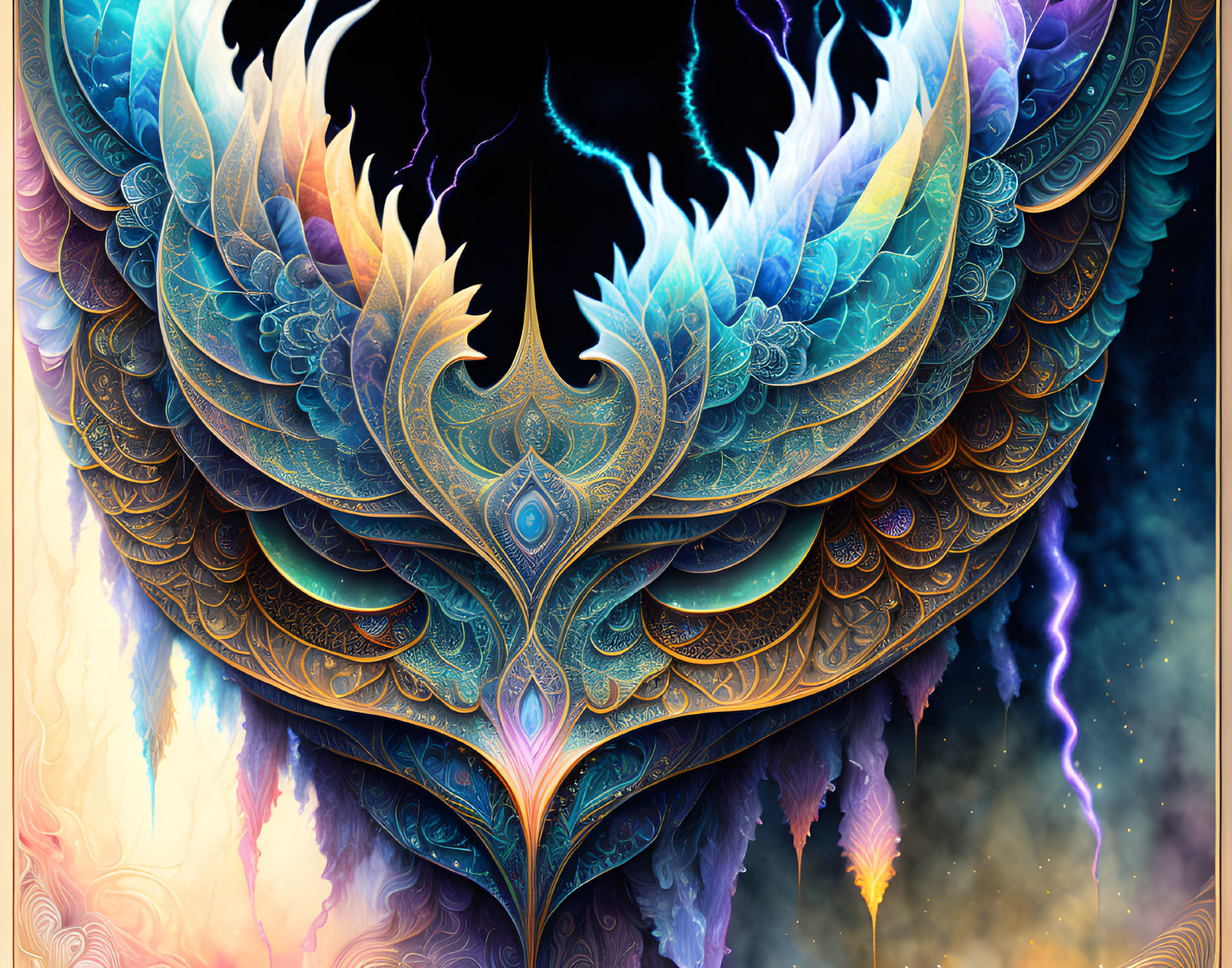 Symmetrical fractal artwork in rich blues, purples, and warm tones