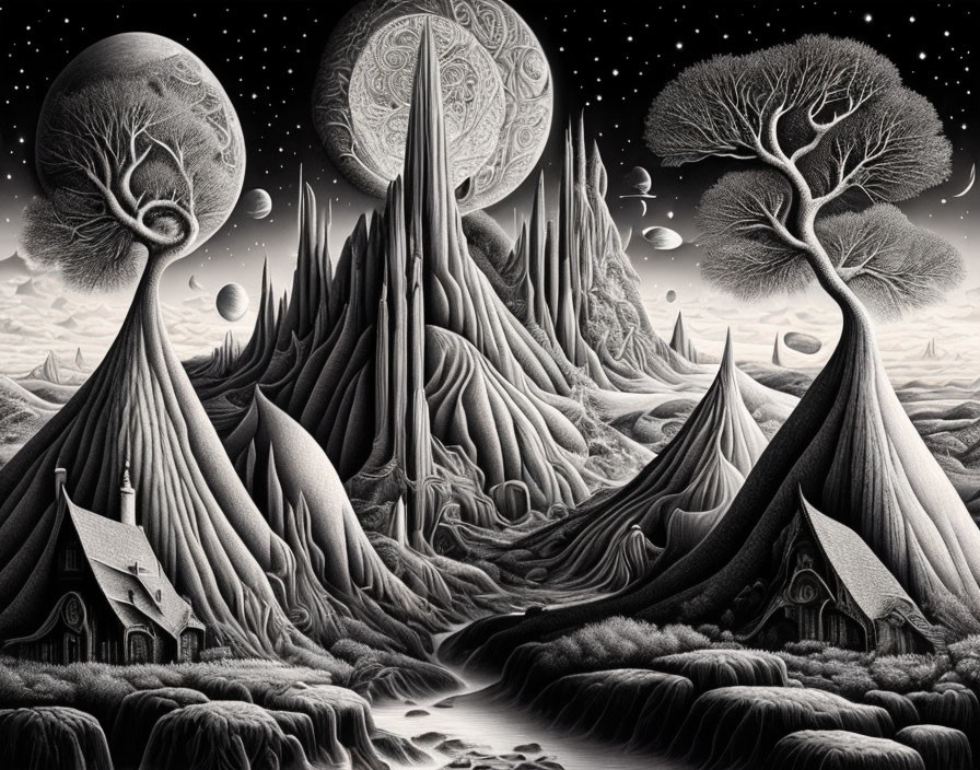 Surreal monochromatic landscape with spire-like mountains, chapel, and celestial bodies