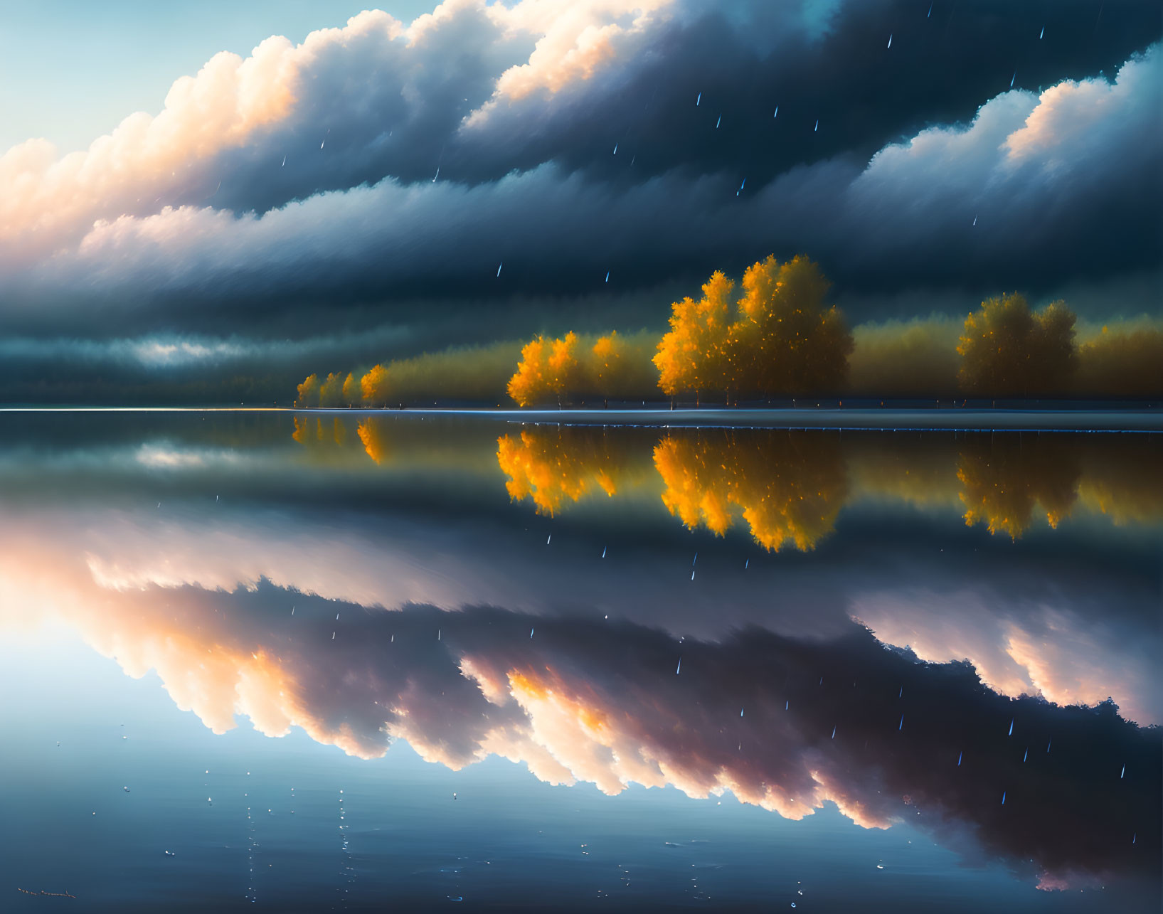 Autumn Trees Reflected in Tranquil Lake with Dramatic Sky