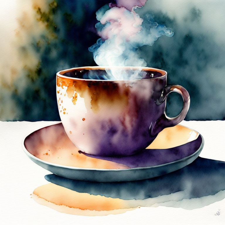 Colorful Watercolor Painting of Steaming Cup on Saucer with Coffee Stain Design