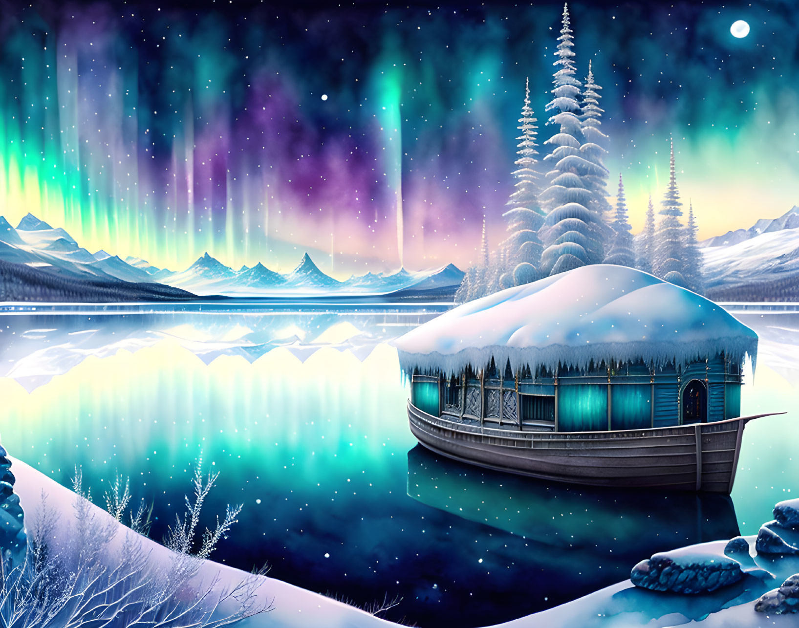 Snowy Night Scene: Aurora Borealis, Pine Trees, Lake Boat