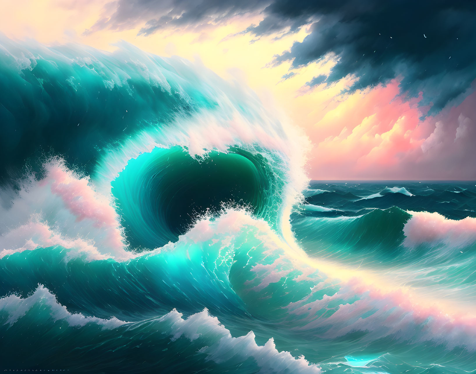 Digital Art: Colossal Wave Against Sunset Sky