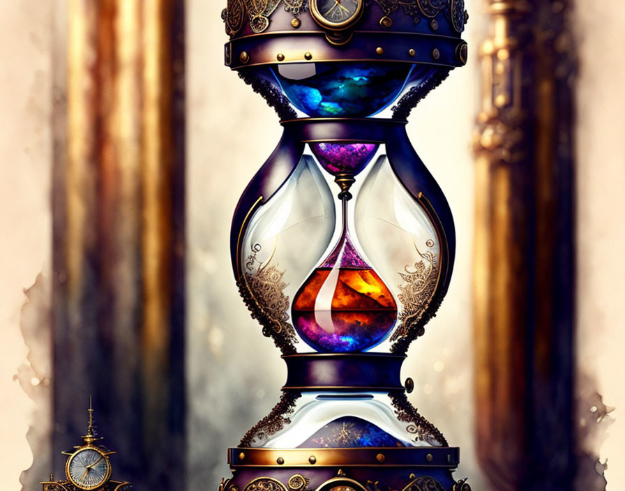 Ornate jewel-toned hourglass with intricate metalwork on golden pillars background