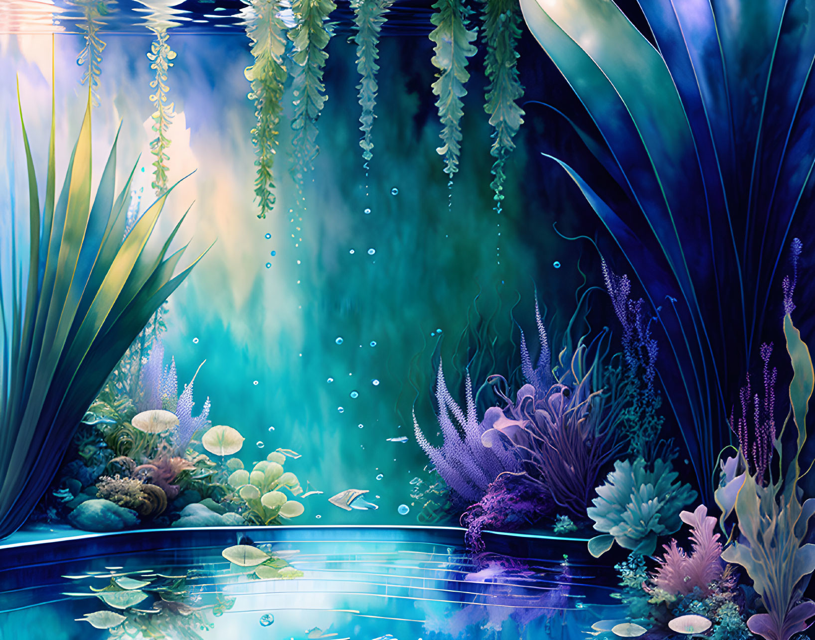 Colorful underwater scene with diverse plant life and streaming light